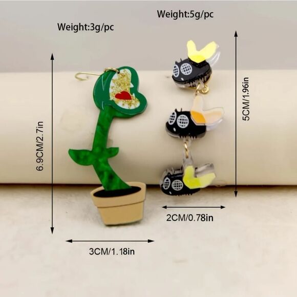 14k VENUS FLY TRAP & FLY whimsical kawaii novelty earrings - Picture 2 of 6